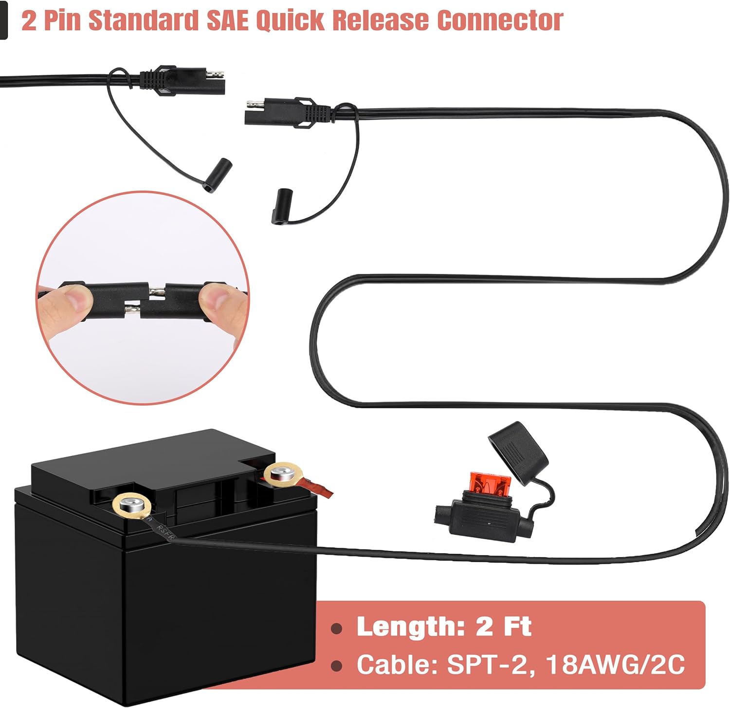 SAE Battery Connector, 2 Pack, 2 FT, SAE to O Ring Terminal Harness SAE Battery Connector, 2 Pack, 2 FT, SAE to O Ring Terminal Harness