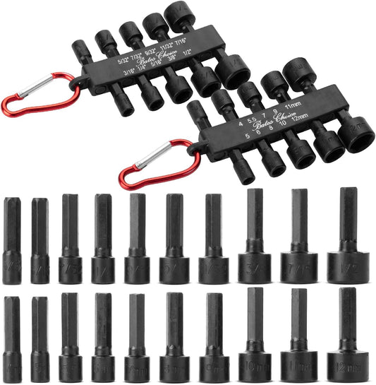 Bates- Power Nut Driver Set for Impact Drill, 20 pcs, Metric & SAE, 1/4" Hex Shank, 1/4 Impact Driver Bit Set