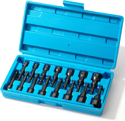 Bates- Magnetic Nut Driver Set for Impact Drill, 15 pcs, 1/4" Hex Shank, Metric and SAE Nut Driver