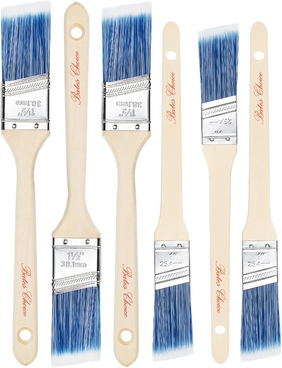 Bates- Paint Brushes, 6 Pack, 1" & 1.5", Angle Brushes, Treated Wood Handle, Wall Paint Brushes for Walls