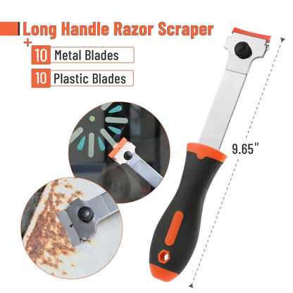 Bates- Long Handle Razor Blade Scraper, Razor Scraper with Extra 10 Metal & 10 Plastic Blades