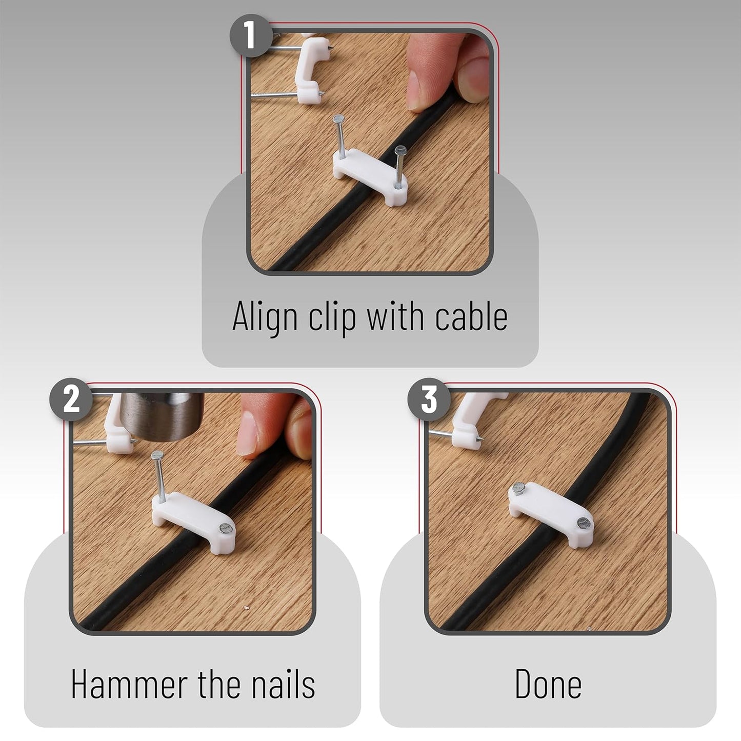 Bates- Cable Clips with Steel Nails, 200 pcs, White, Large, 2-Nail Cord Clips for Wires on Wall