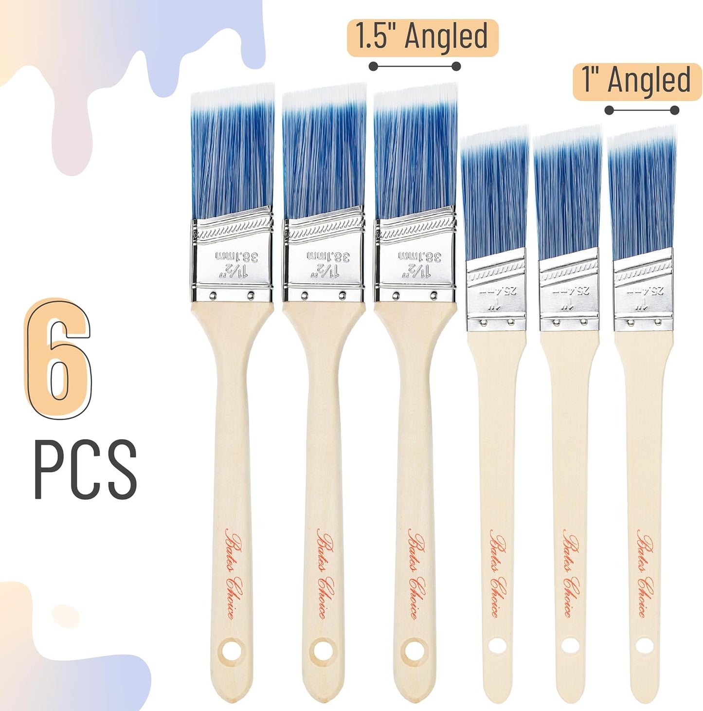 Bates- Paint Brushes, 6 Pack, 1" & 1.5", Angle Brushes, Treated Wood Handle, Wall Paint Brushes for Walls