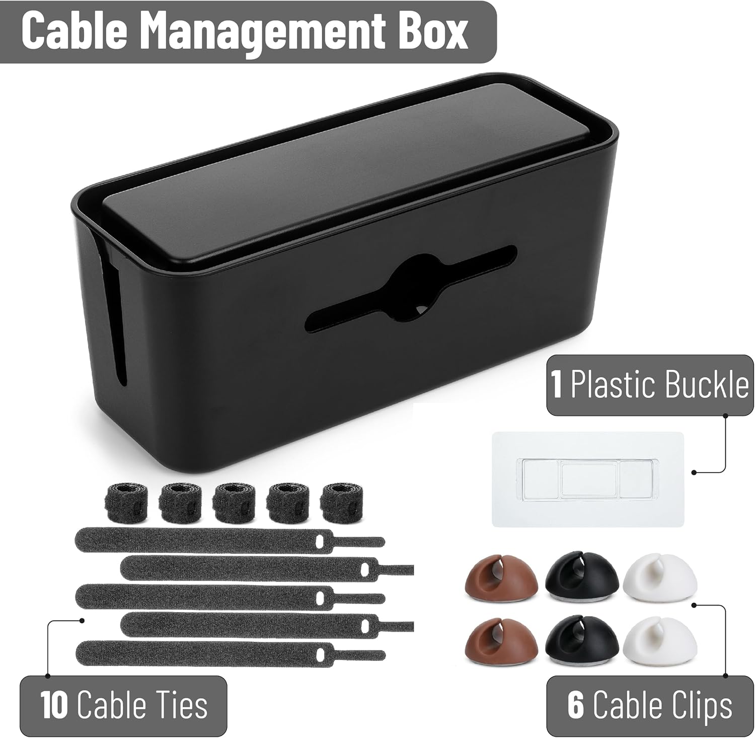 Bates Cable Management Box Large - Cord Organizer With Clips & Ties, Power Strip Cover For Floor Wires