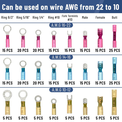 Bates- Heat Shrink Wire Connectors Kit, 320 pcs, Ring Fork Spade Butt Splices