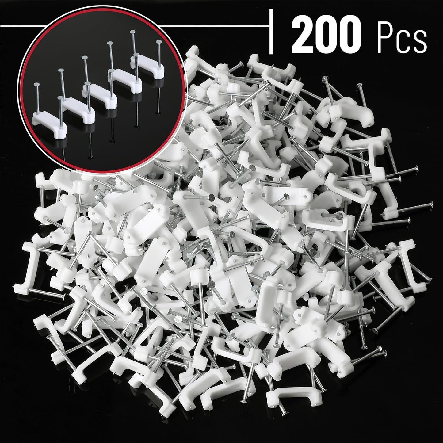 Bates- Cable Clips with Steel Nails, 200 pcs, White, Large, 2-Nail Cord Clips for Wires on Wall