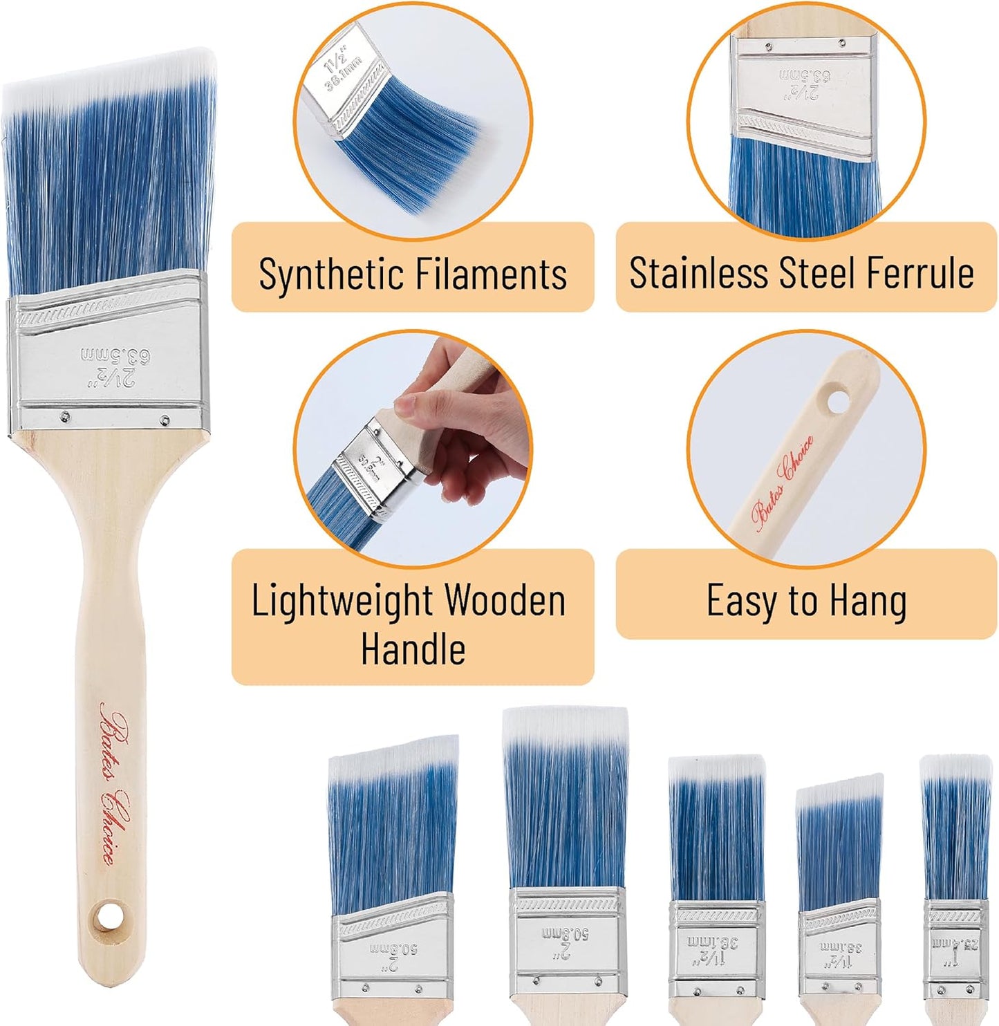 Bates- Paint Brushes, 5 Pack, 1", 1.5", 2", 2.5", Angle Brushes