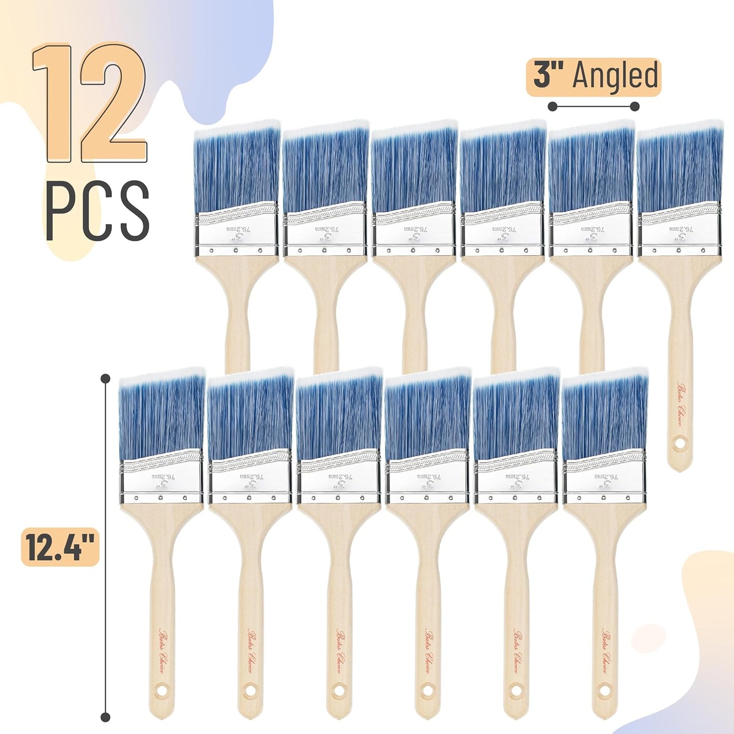 Bates- Paint Brushes, 3 Inch, 12 Pack, Angle Brushes, Treated Wood Handle, Paint Brushes for Walls