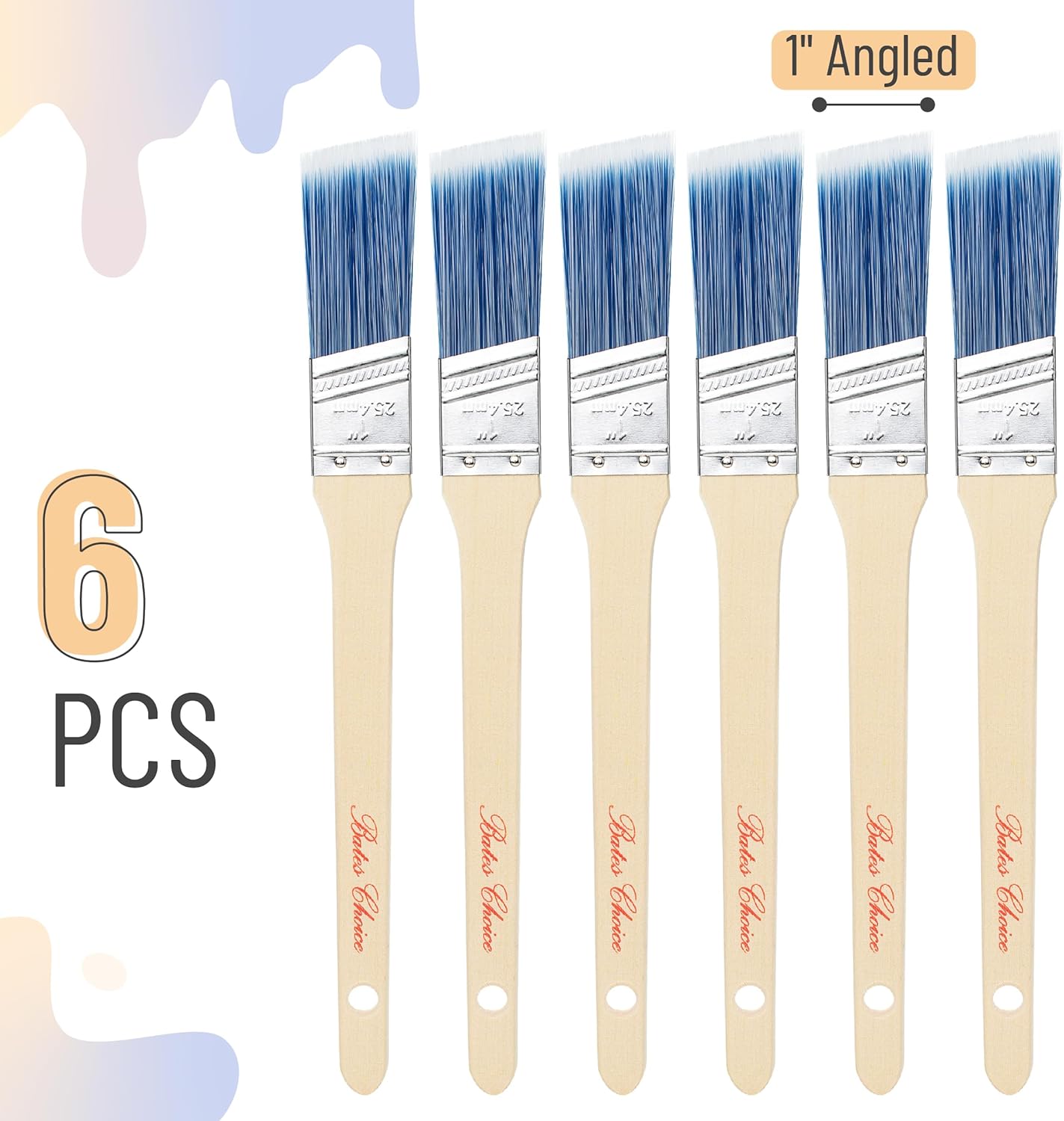 Bates- Paint Brushes, 1-Inch, 6 Pack, Angle Brushes