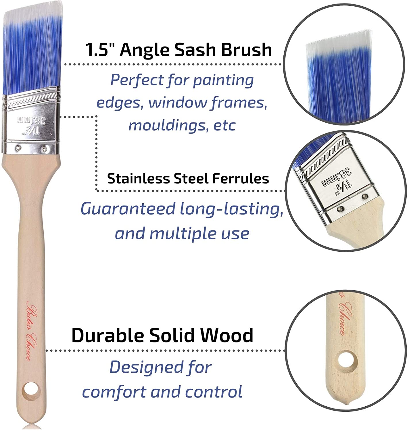 Bates Paint Brushes - 5 Pieces 3, 2.5, 2, 1.5 and 1-Inch, Paint Brushes for Wall
